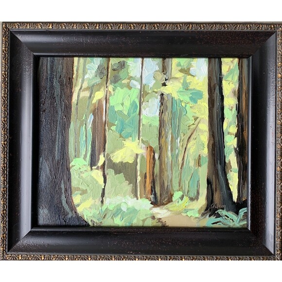 Original Oil Painting Sunlit Redwoods Forest Landscape Wood Frame 11x13 Signed - Picture 1 of 7